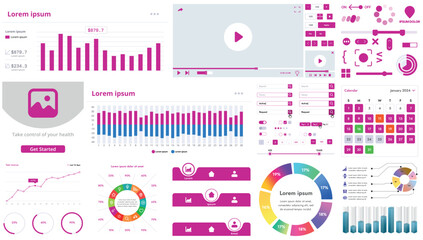 A set of modern interface elements for apps and websites: buttons, graphs, charts, and menus, perfect for business, dashboards, and responsive layouts.
