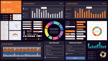 A set of modern interface elements for apps and websites: buttons, graphs, charts, and menus, perfect for business, dashboards, and responsive layouts.