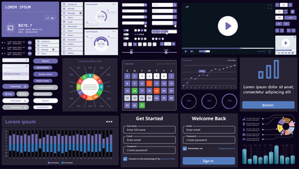 A set of modern interface elements for apps and websites: buttons, graphs, charts, and menus, perfect for business, dashboards, and responsive layouts.