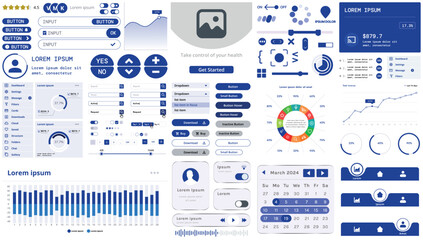 A set of modern interface elements for apps and websites: buttons, graphs, charts, and menus, perfect for business, dashboards, and responsive layouts.