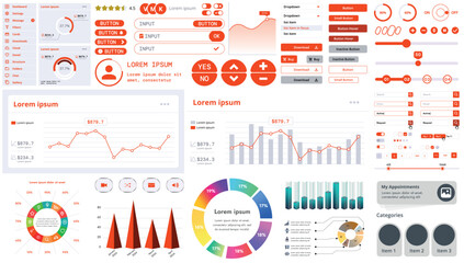 A set of modern interface elements for apps and websites: buttons, graphs, charts, and menus, perfect for business, dashboards, and responsive layouts.