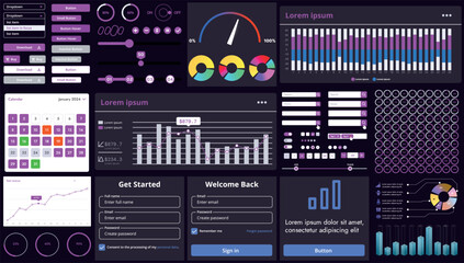 A set of modern interface elements for apps and websites: buttons, graphs, charts, and menus, perfect for business, dashboards, and responsive layouts.