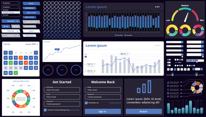 A set of modern interface elements for apps and websites: buttons, graphs, charts, and menus, perfect for business, dashboards, and responsive layouts.