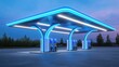 © Thanagorn - A modern gas station illuminated with blue lights, featuring sleek design and multiple fuel dispensers against a twilight sky.