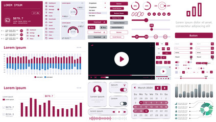 Set of modern interface elements for apps and websites: buttons, menus, graphs and charts for business, marketing and dashboards.