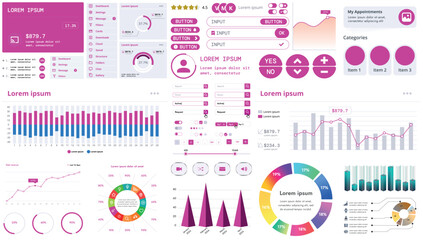 Set of modern interface elements for apps and websites: buttons, menus, graphs and charts for business, marketing and dashboards.