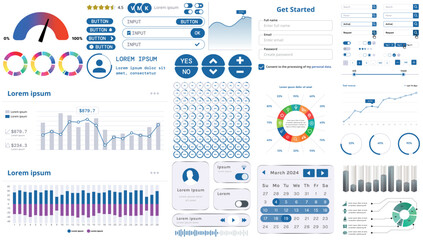 Set of modern interface elements for apps and websites: buttons, menus, graphs and charts for business, marketing and dashboards.