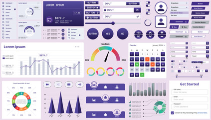 Wall Mural - set of modern interface elements for apps and websites: buttons, menus, graphs and charts for busine