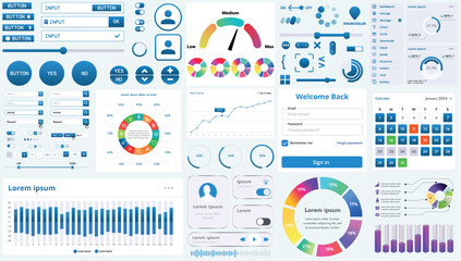 Wall Mural - set of modern interface elements for apps and websites: buttons, menus, graphs and charts for busine