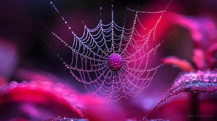 Nature's Delicate Architecture: A macro shot showcases a spider's intricate web adorned with glistening water droplets, delicately suspended amidst a vibrant background.