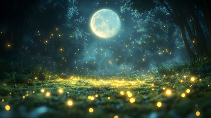 Wall Mural - Moonlit Enchantment: A mesmerizing nighttime scene where a luminous full moon casts a radiant glow, illuminating a forest floor dotted with twinkling fireflies, creating a magical.