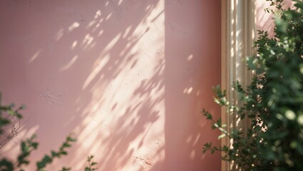 Wall Mural - soft sunlight casts delicate shadows on a pink wall adorned with lush greenery in a tranquil outdoor
