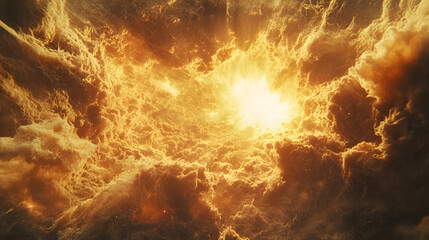 Wall Mural - Celestial Explosion: A vibrant and dynamic depiction of a cosmic event, showcasing swirling clouds and a bright center, is a burst of golden light.