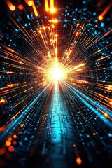 Fototapete - Futuristic Data Tunnel Bright Orange and Blue Digital Light Streaks Converge to a Glowing Center