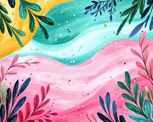 Poster - Vibrant Watercolor Background with Pink Yellow and Teal Wavy Design and Floral Elements