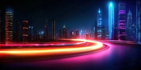 Poster - Night Cityscape with Vibrant Light Trails on a Curved Road A Stunning View of Modern City Architecture at Night