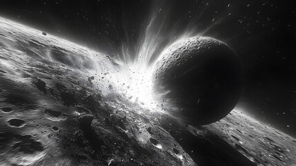 Wall Mural - Cosmic Collision: A dramatic monochrome view of celestial bodies colliding in the vast expanse of space, highlighting the raw power and beauty of the cosmos. 