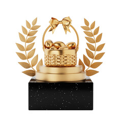 Aufkleber - Winner Award Cube Gold Laurel Wreath Podium, Stage or Pedestal with Golden Easter Basket for Easter Eggs with Bow and Easter Eggs. 3d Rendering