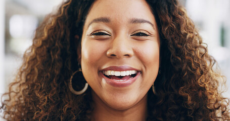 Poster - Funny, portrait and professional with business woman for confidence, creative journalist and laugh. Magazine editor, happiness and opportunity with african person in startup agency for comedy