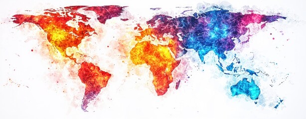 Poster - Colorful Abstract World Map with Vibrant Watercolor Texture Background