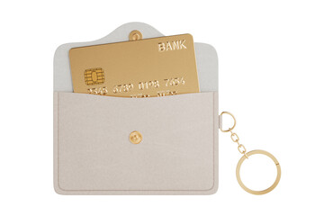 Aufkleber - Opened Beige Modern Fashion Small Leather Bag with Abstract Golden Bank Credit Card and Golden Chain. 3d Rendering