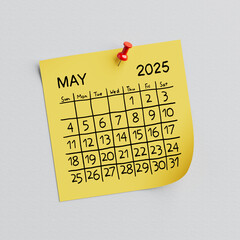 Poster - Yellow Note Paper with 2025 Year May Handwritten Calendar and Thumbtack Pin. 3d Rendering
