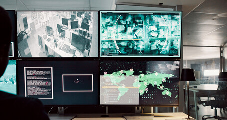 Person, computer and screen with satellite security of global surveillance, coding and monitor worldwide. Agent, map and location of war investigation, programming and script update of law protection
