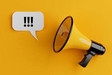 Poster - Yellow Megaphone with Three Exclamation Marks Sign Speech Clouds Chat Bubble. 3d Rendering