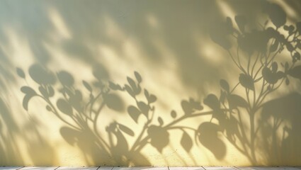 Wall Mural - beautiful shadows of plant leaves cast on a warm beige wall during afternoon sunlight
