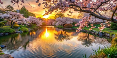 Wall Mural - serene sunset reflection in a blossom-lined pond, golden hour light illuminates delicate pink flower