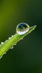 Wall Mural - Macro Photography Of A Dewdrop Balancing On The Edge Of A Vibrant Green Blade Of Grass.