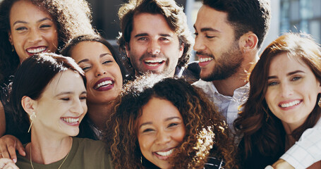 Poster - Friends, group and smile with business people in office together for love, support or team building. Collaboration, diversity and portrait with employee happy in company workplace for bonding hug