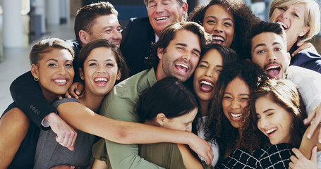 Poster - Friends, hug and excited with business people in office together for love, support or team building. Comic, diversity and portrait with employee group smile in company workplace for bonding joke