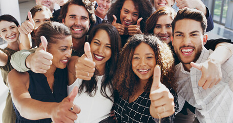 Poster - Friends, thumbs up and smile with business people in office together for love, support or team building. Comic, diversity and portrait with employee group approval in company workplace for bonding