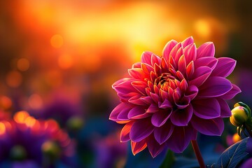 Wall Mural - Maroon dahlia flowers in full bloom at an organic farm, their petals illuminated by the warm evening light. Copy space.