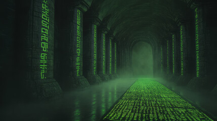 A deserted cybernetic temple, where lines of neural code hover like prayer scrolls in abandoned