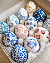 Aufkleber - A realistic close-up of Easter eggs drying in a carton, each one hand-painted with tiny folk