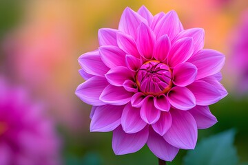 Wall Mural - Rows of pink dahlias bloom vibrantly in a sustainable flower farm, radiating beauty in the soft sunset light. Copy space.