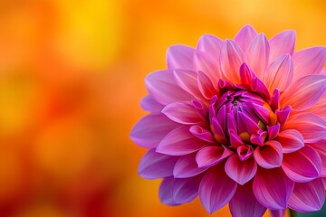 Wall Mural - Sunset casts a golden glow over pink dahlia flowers in an eco-friendly farm, highlighting their delicate beauty. Copy space.