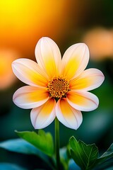 Wall Mural - A sustainable flower farm with yellow dahlias in full bloom, illuminated beautifully by the soft sunset glow.