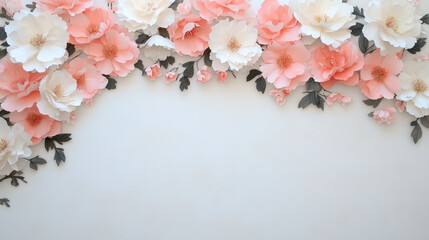 Poster - A diagonal layout of blooming peonies across a light paper background visual movement without