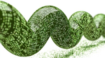 Abstract Digital Data Stream: A swirling helix of green binary code against a white background, symbolizing the flow of information in the digital age.