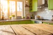 © Ann - Rustic Wooden Table in Sunny Green Kitchen. Bright and cozy kitchen with green cabinets and a rustic wooden table in the foreground, bathed in warm morning sunlight