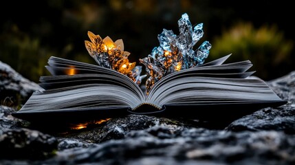 Aufkleber - Illuminated book surrounded by crystals nature artistic composition nighttime close-up fantasy concept