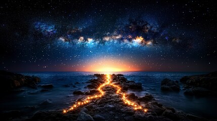 Wall Mural - Cosmic sunset pathway ocean shoreline nightscape starry environment awe-inspiring perspective