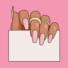 Isolated Woman's Hand with long Nails and Golden Rings Holding Blank Personal Business Card. Icon Template Mockup Illustration on a Pink Background