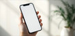 © drimerz - hand holding blank white screen smartphone in a room with plant and shadow