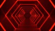 © Artfinity - Abstract red neon arrow light glow background. Futuristic cyber laser line motion banner for casino. Dynamic techno perspective beam 3d graphic design. Cool party power and energy boost led tunnel