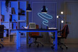 © Pixel-Shot - Interior of office with workplace, shelf unit and glowing lamps at night