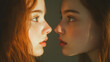 © HansAdam - Close up of two women with red hair facing each other in a dimly lit setting with soft skin tones